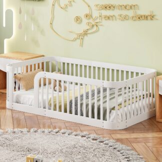 Kumix Twin Size Wood Floor Bed Frame with Fence, Wood Toddler Floor Bed without Slats Support for Kids Boys and Girls, Kids Floor Bed Frame for Bedroom, Twin Floor Bed, Noise-Free, White