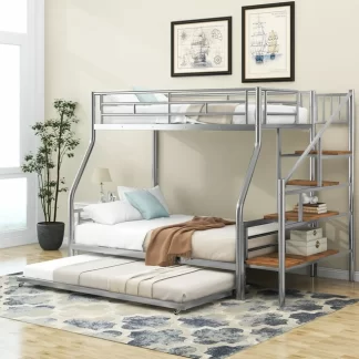 Kumix Twin over Full Size Bunk Bed with Trundle and Storage Staircase, Metal Bunk Bed with Full-Length Guardrail for Kids Teens Adults, Heavy Duty Bunk Bed Frame for Bedroom, Noise-Free, Sliver