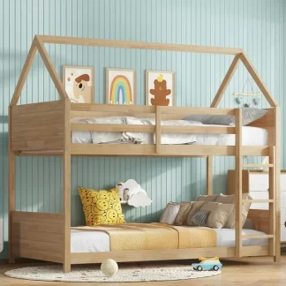 Kumix Twin Over Twin House Floor Bunk Bed, House Bunk Bed with Headboards, Footboards and Guardrails, Ladder for Kids Teens Adults, Rubber Wood Bunk Bed with Safety Guardrails, Oak