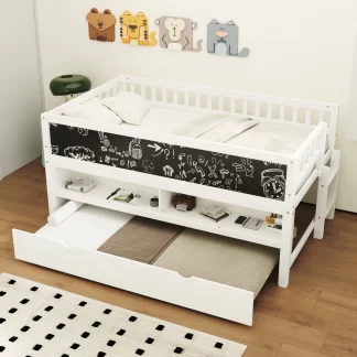 Kumix Twin Size Low Loft Bed with Trundle, Wood Loft Bed with Two Movable Shelves and Ladder, with Decorative Guardrail Chalkboard for Kids Teens Boys & Girls, No Box Spring Needed, White
