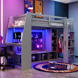 Kumix Twin Size Gaming Loft Bed with Desk, Multi-storage Shelves, LED and a Hanging Clothes Rack, Wood Loft Bed with Full-Length Guardrail and Ladder for Kids Teens Adults, Noise-Free, Gray