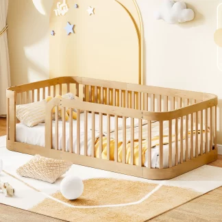 Kumix Twin Size Wood Floor Bed Frame with Fence, Wood Toddler Floor Bed without Slats Support for Kids Boys and Girls, Kids Floor Bed Frame for Bedroom, Twin Floor Bed, Noise-Free, Natural