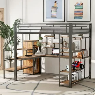 Kumix Full Size Loft Bed with Storage Staircase and Wardrobe, Built-in Desk and Storage Shelves, Metal Loft Bed Frame with Satety Guardrail and Ladder for Kids Teens Adults, Noise-Free, Black