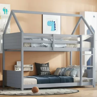 Kumix Twin Over Twin House Floor Bunk Bed, House Bunk Bed with Headboards, Footboards and Guardrails, Ladder for Kids Teens Adults, Rubber Wood Bunk Bed with Safety Guardrails, Grey